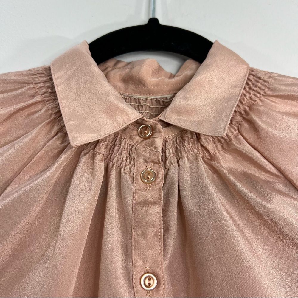 Vintage blush pink silky short puff sleeve smocked old money blouse S - Picture 8 of 13